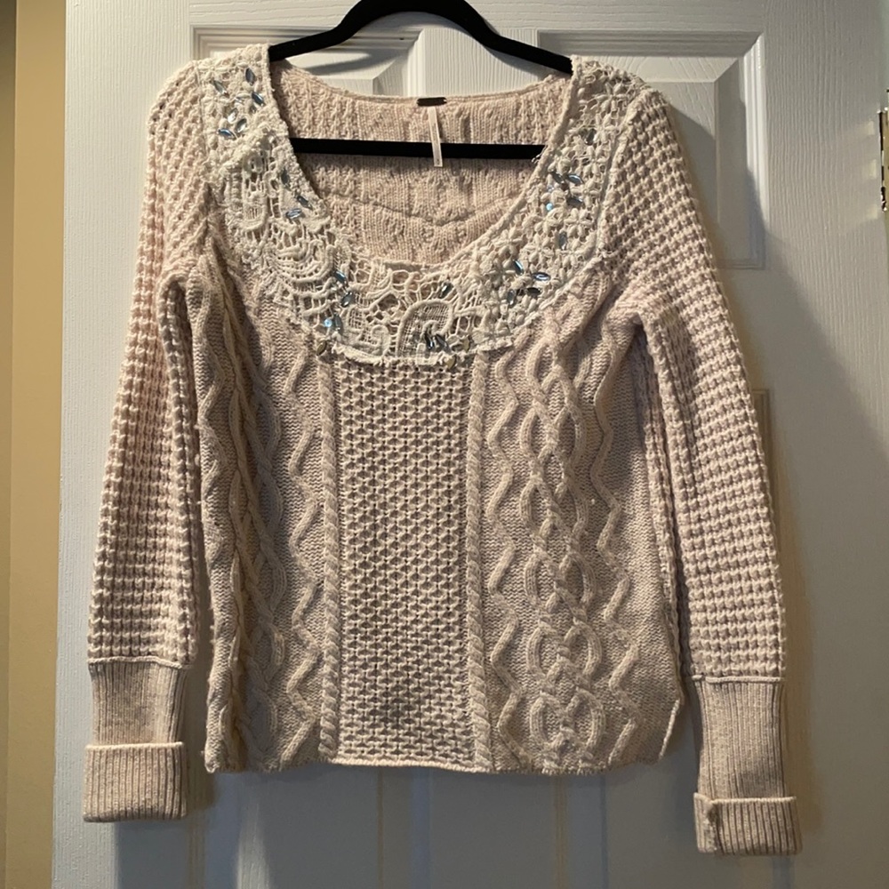 Free People Cream Sweater with Blue Embroidery